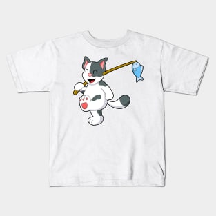 Cat at Fishing with Fishing rod Kids T-Shirt